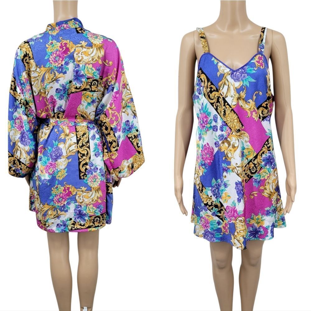Vintage Satin Floral and Baroque Print Chemsie Slip Dress and Matching Robe Set